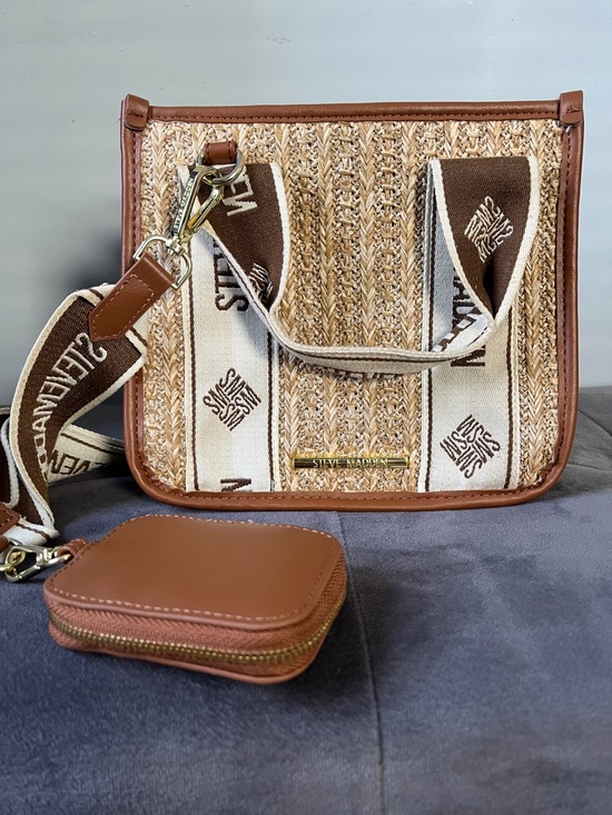 Steve Madden Handbags - Steve Madden Tan & Cream Woven Crossbody with Branded Canvas Strap